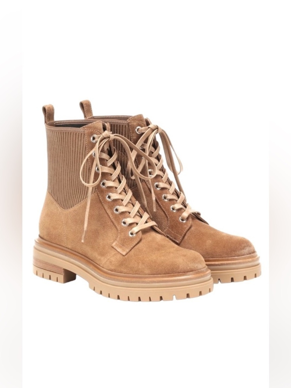 Gianvito Rossi Martis 20 Rib-Knit Suede Camel Leather Combat Boots